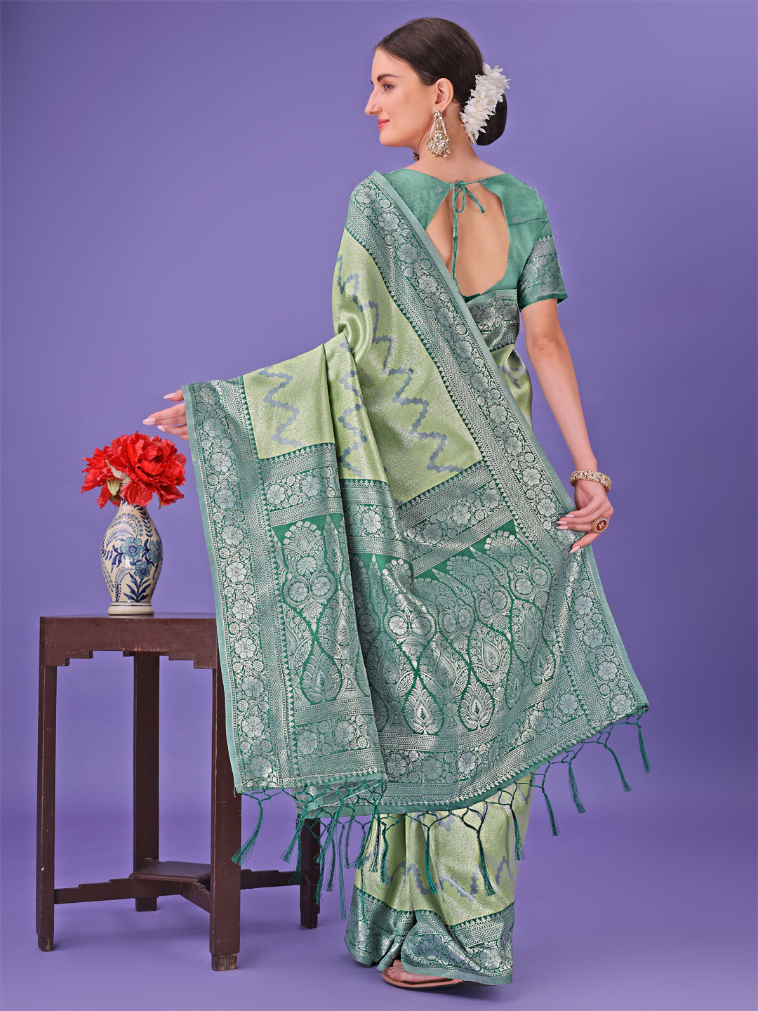 Shree Shyam Fashion Light Green & Green Lichi Silk Saree with Rich Woven Border and Zigzag Pattern - Wedding & Festive Wear | Grocsy