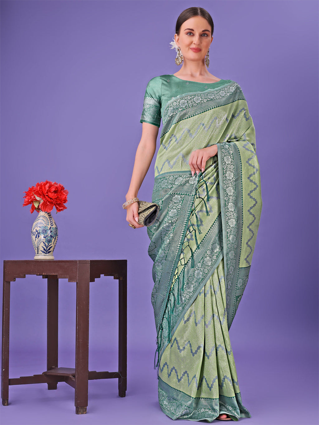 Shree Shyam Fashion Light Green & Green Lichi Silk Saree with Rich Woven Border and Zigzag Pattern - Wedding & Festive Wear | Grocsy