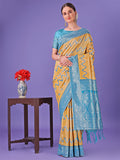 Shree Shyam Fashion Yellow & Sky Blue Lichi Silk Saree with Rich Woven Border and Zigzag Pattern - Wedding & Festive Wear | Grocsy