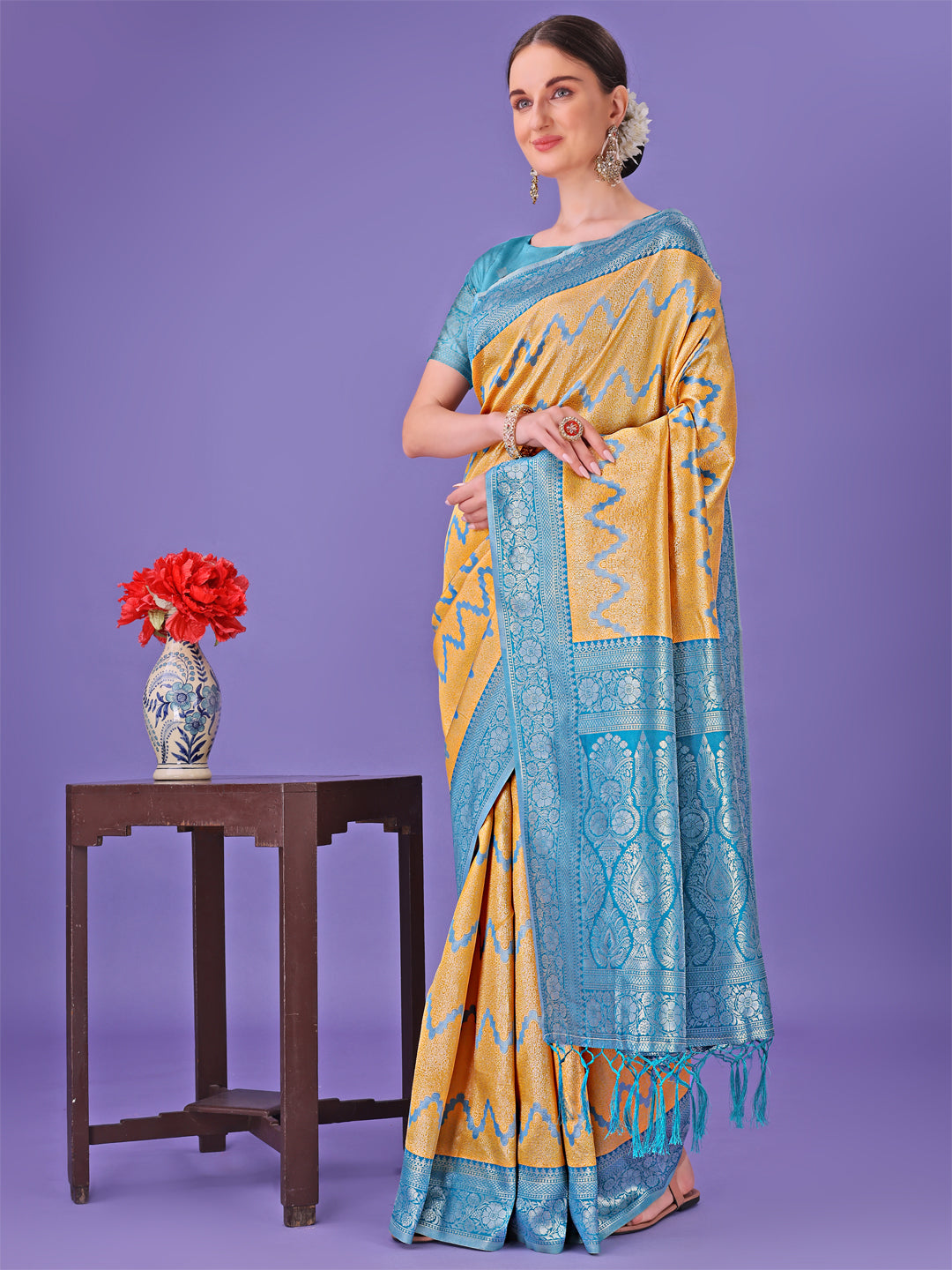 Shree Shyam Fashion Yellow & Sky Blue Lichi Silk Saree with Rich Woven Border and Zigzag Pattern - Wedding & Festive Wear | Grocsy