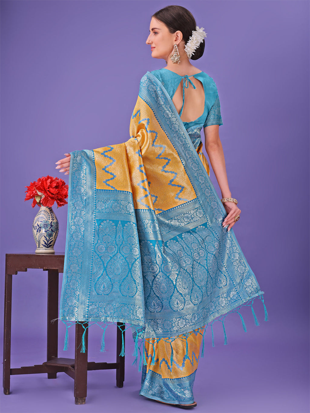 Shree Shyam Fashion Yellow & Sky Blue Lichi Silk Saree with Rich Woven Border and Zigzag Pattern - Wedding & Festive Wear | Grocsy