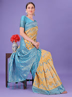 Shree Shyam Fashion Yellow & Sky Blue Lichi Silk Saree with Rich Woven Border and Zigzag Pattern - Wedding & Festive Wear | Grocsy