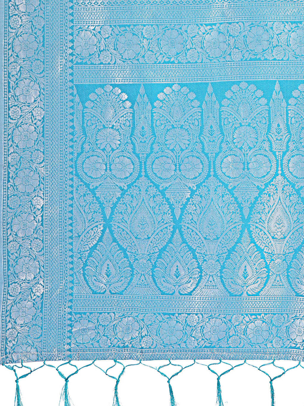Shree Shyam Fashion Yellow & Sky Blue Lichi Silk Saree with Rich Woven Border and Zigzag Pattern - Wedding & Festive Wear | Grocsy