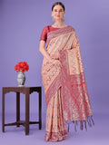 Shree Shyam Fashion Peach & Red Lichi Silk Saree with Rich Woven Border and Zigzag Pattern - Wedding & Festive Wear | Grocsy
