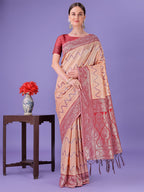 Shree Shyam Fashion Peach & Red Lichi Silk Saree with Rich Woven Border and Zigzag Pattern - Wedding & Festive Wear | Grocsy