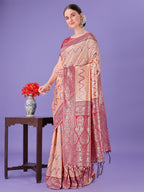 Shree Shyam Fashion Peach & Red Lichi Silk Saree with Rich Woven Border and Zigzag Pattern - Wedding & Festive Wear | Grocsy