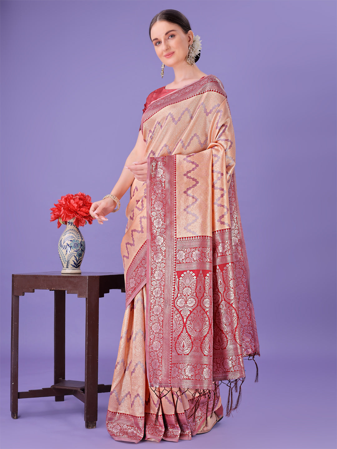 Shree Shyam Fashion Peach & Red Lichi Silk Saree with Rich Woven Border and Zigzag Pattern - Wedding & Festive Wear | Grocsy