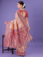 Shree Shyam Fashion Peach & Red Lichi Silk Saree with Rich Woven Border and Zigzag Pattern - Wedding & Festive Wear | Grocsy