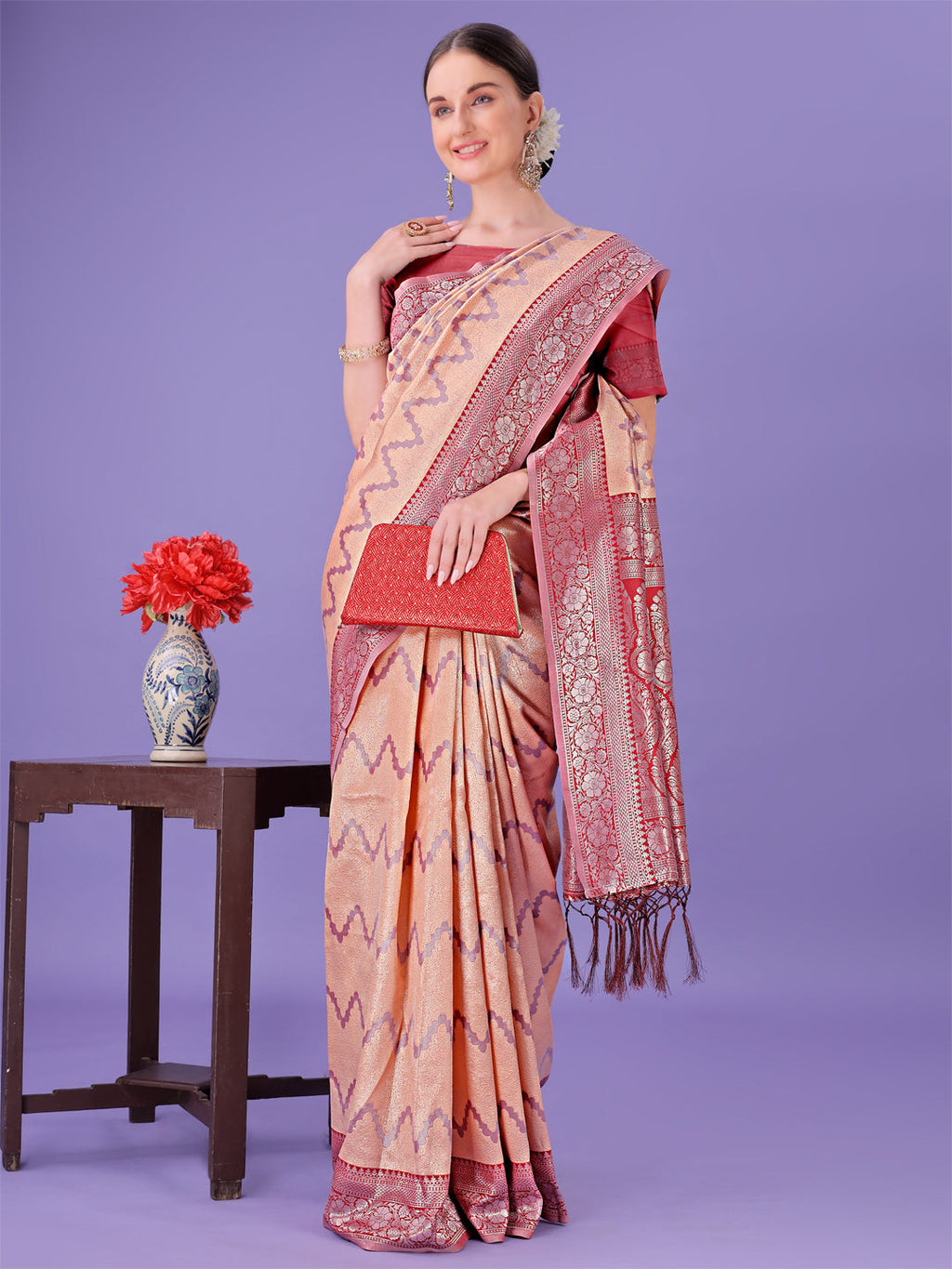 Shree Shyam Fashion Peach & Red Lichi Silk Saree with Rich Woven Border and Zigzag Pattern - Wedding & Festive Wear | Grocsy