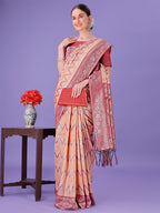 Shree Shyam Fashion Peach & Red Lichi Silk Saree with Rich Woven Border and Zigzag Pattern - Wedding & Festive Wear | Grocsy