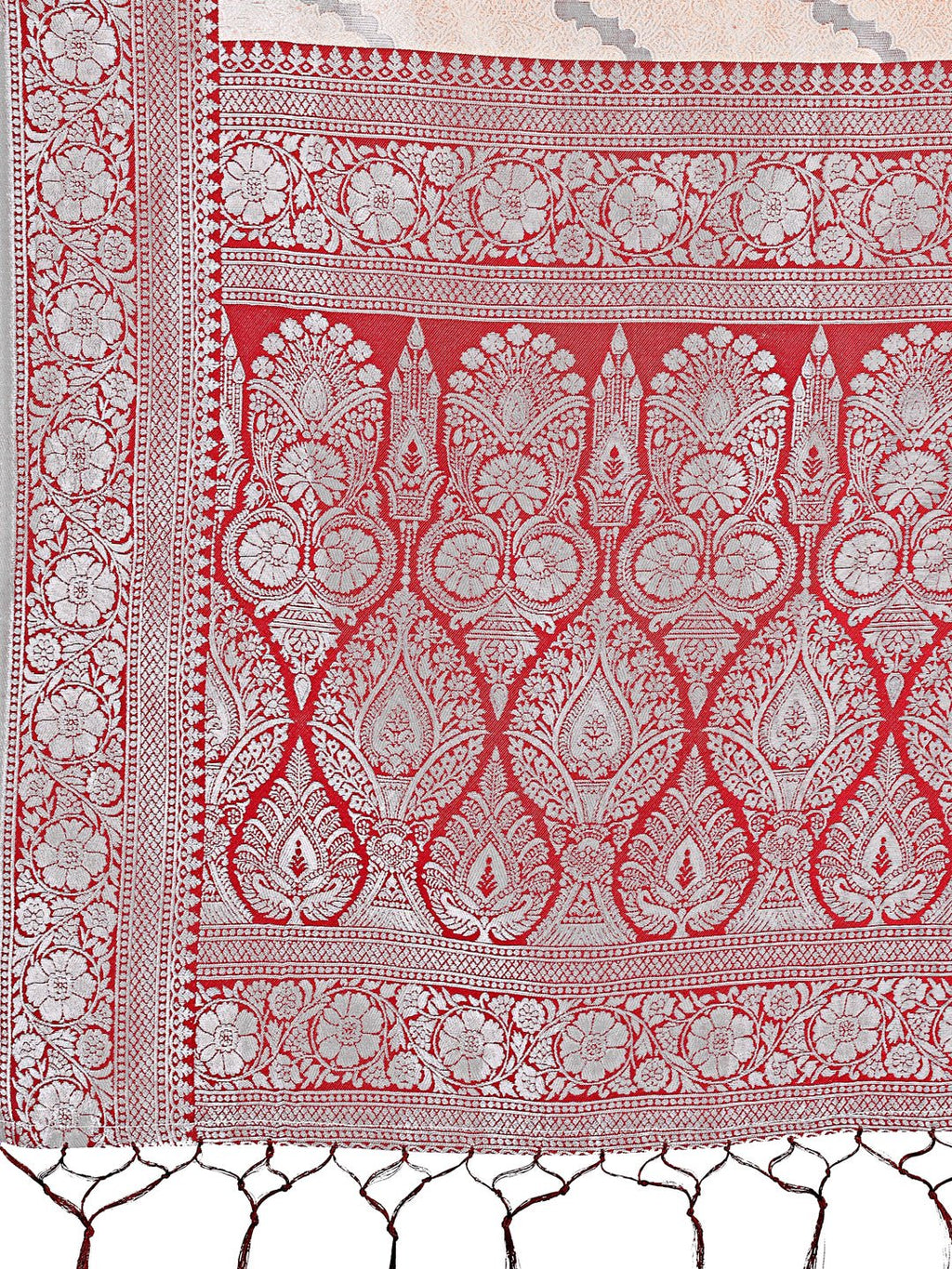 Shree Shyam Fashion Peach & Red Lichi Silk Saree with Rich Woven Border and Zigzag Pattern - Wedding & Festive Wear | Grocsy