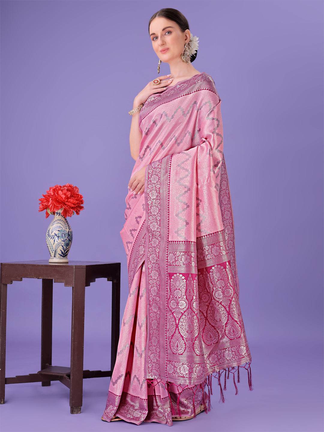 Shree Shyam Fashion Light Pink & Magenta Lichi Silk Saree with Rich Woven Border and Zigzag Pattern - Wedding & Festive Wear | Grocsy