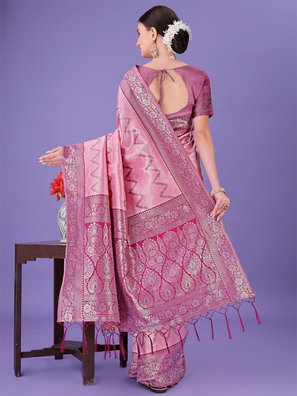 Shree Shyam Fashion Light Pink & Magenta Lichi Silk Saree with Rich Woven Border and Zigzag Pattern - Wedding & Festive Wear | Grocsy
