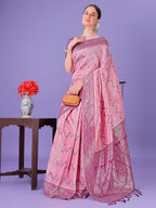 Shree Shyam Fashion Light Pink & Magenta Lichi Silk Saree with Rich Woven Border and Zigzag Pattern - Wedding & Festive Wear | Grocsy