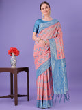 Shree Shyam Fashion Peach & Blue Lichi Silk Saree with Rich Woven Border and Zigzag Pattern - Wedding & Festive Wear | Grocsy