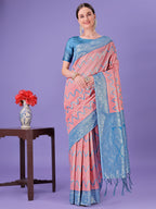 Shree Shyam Fashion Peach & Blue Lichi Silk Saree with Rich Woven Border and Zigzag Pattern - Wedding & Festive Wear | Grocsy