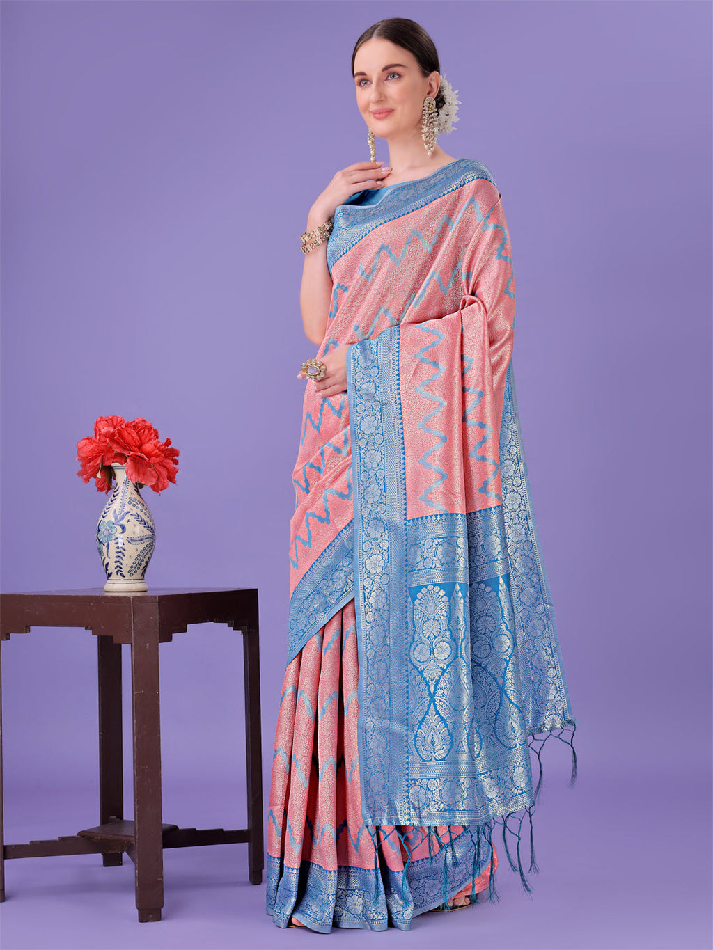 Shree Shyam Fashion Peach & Blue Lichi Silk Saree with Rich Woven Border and Zigzag Pattern - Wedding & Festive Wear | Grocsy