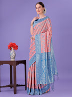 Shree Shyam Fashion Peach & Blue Lichi Silk Saree with Rich Woven Border and Zigzag Pattern - Wedding & Festive Wear | Grocsy