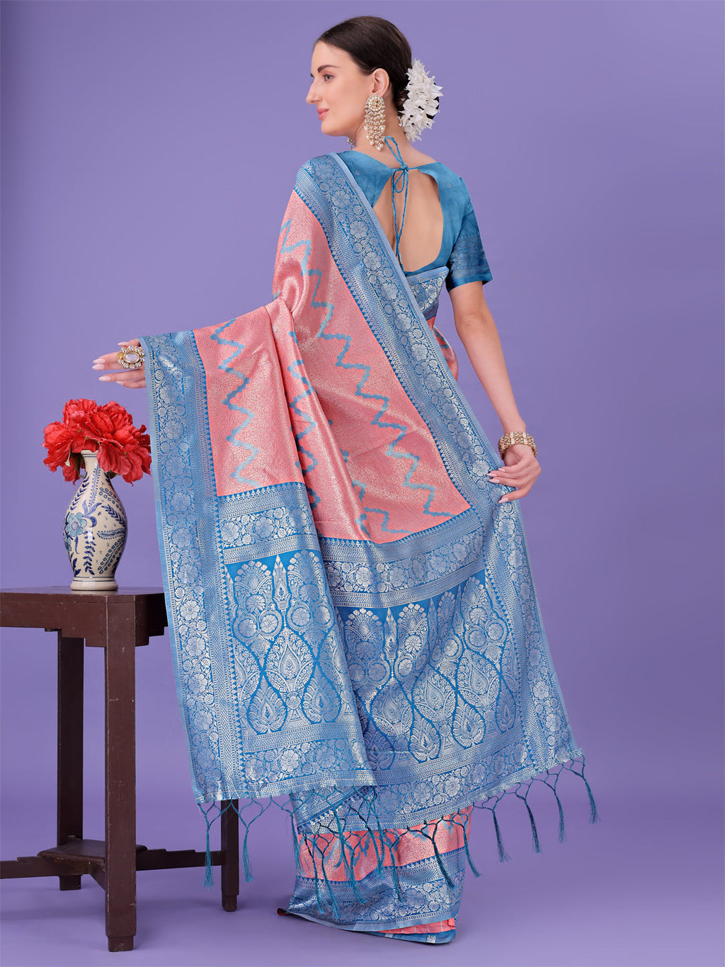 Shree Shyam Fashion Peach & Blue Lichi Silk Saree with Rich Woven Border and Zigzag Pattern - Wedding & Festive Wear | Grocsy