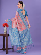 Shree Shyam Fashion Peach & Blue Lichi Silk Saree with Rich Woven Border and Zigzag Pattern - Wedding & Festive Wear | Grocsy