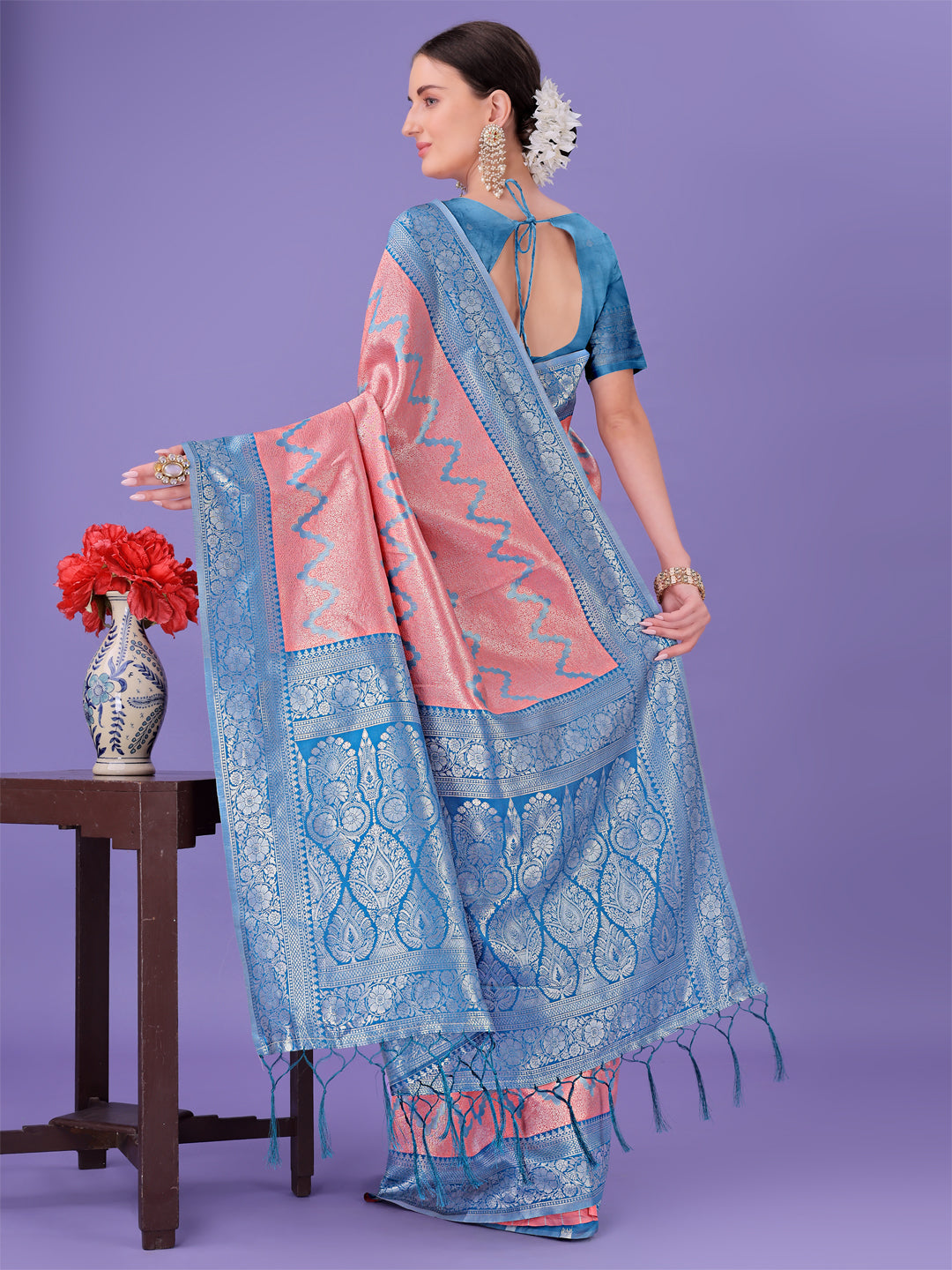 Shree Shyam Fashion Peach & Blue Lichi Silk Saree with Rich Woven Border and Zigzag Pattern - Wedding & Festive Wear | Grocsy