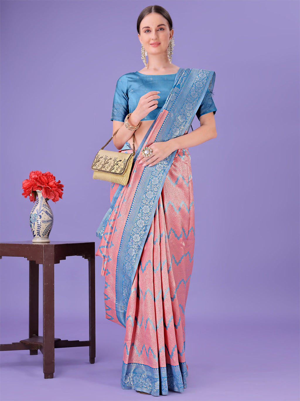Shree Shyam Fashion Peach & Blue Lichi Silk Saree with Rich Woven Border and Zigzag Pattern - Wedding & Festive Wear | Grocsy