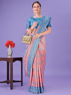 Shree Shyam Fashion Peach & Blue Lichi Silk Saree with Rich Woven Border and Zigzag Pattern - Wedding & Festive Wear | Grocsy
