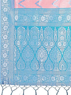 Shree Shyam Fashion Peach & Blue Lichi Silk Saree with Rich Woven Border and Zigzag Pattern - Wedding & Festive Wear | Grocsy