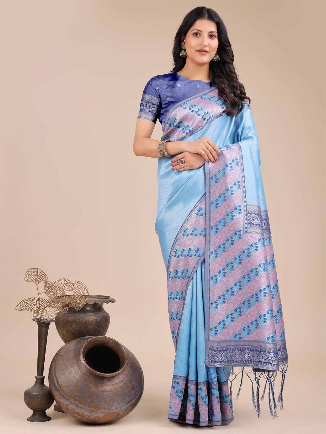 Shree Shyam Fashion Radiant Sky Blue Silk Saree with Pink & Blue Floral Pattern - Perfect for Weddings & Festive Glamour | Grocsy