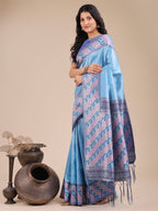 Shree Shyam Fashion Radiant Sky Blue Silk Saree with Pink & Blue Floral Pattern - Perfect for Weddings & Festive Glamour | Grocsy