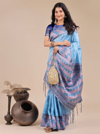 Shree Shyam Fashion Radiant Sky Blue Silk Saree with Pink & Blue Floral Pattern - Perfect for Weddings & Festive Glamour | Grocsy