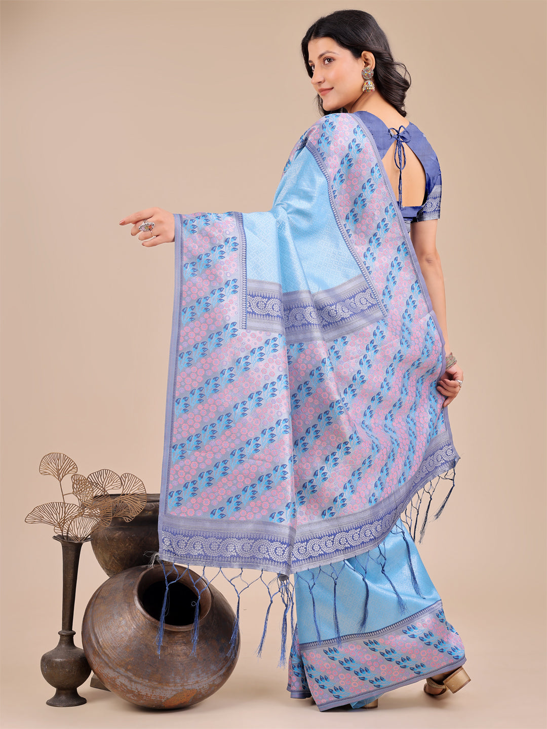 Shree Shyam Fashion Radiant Sky Blue Silk Saree with Pink & Blue Floral Pattern - Perfect for Weddings & Festive Glamour | Grocsy
