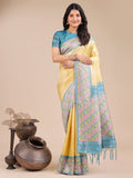 Shree Shyam Fashion Radiant Yellow Silk Saree with Pink & Blue Floral Pattern - Perfect for Weddings & Festive Glamour | Grocsy