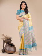 Shree Shyam Fashion Radiant Yellow Silk Saree with Pink & Blue Floral Pattern - Perfect for Weddings & Festive Glamour | Grocsy