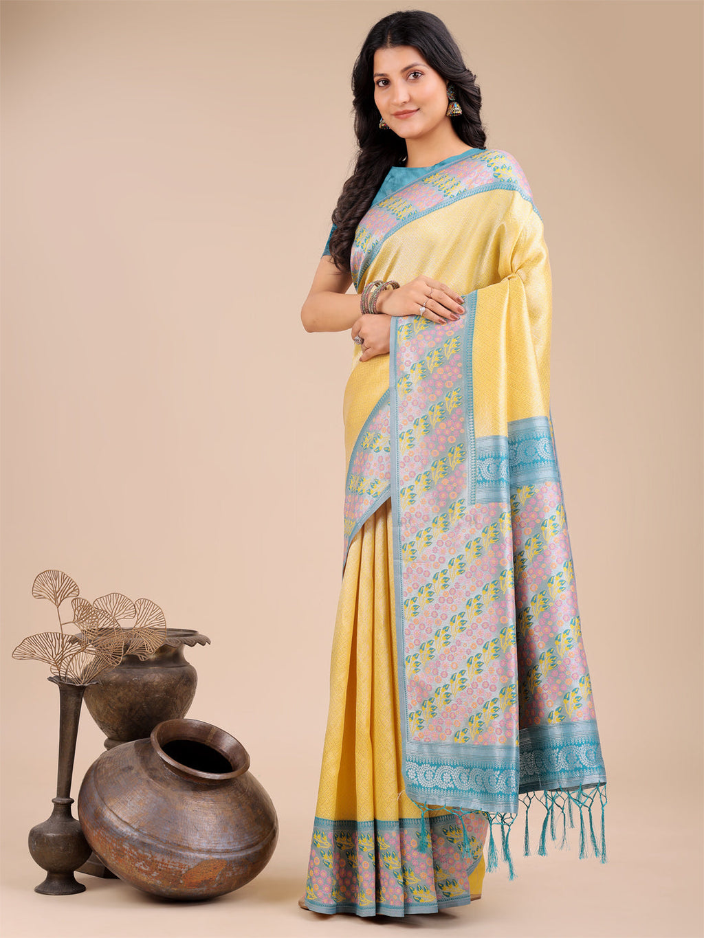 Shree Shyam Fashion Radiant Yellow Silk Saree with Pink & Blue Floral Pattern - Perfect for Weddings & Festive Glamour | Grocsy