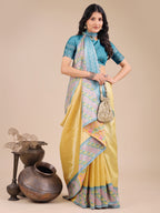 Shree Shyam Fashion Radiant Yellow Silk Saree with Pink & Blue Floral Pattern - Perfect for Weddings & Festive Glamour | Grocsy