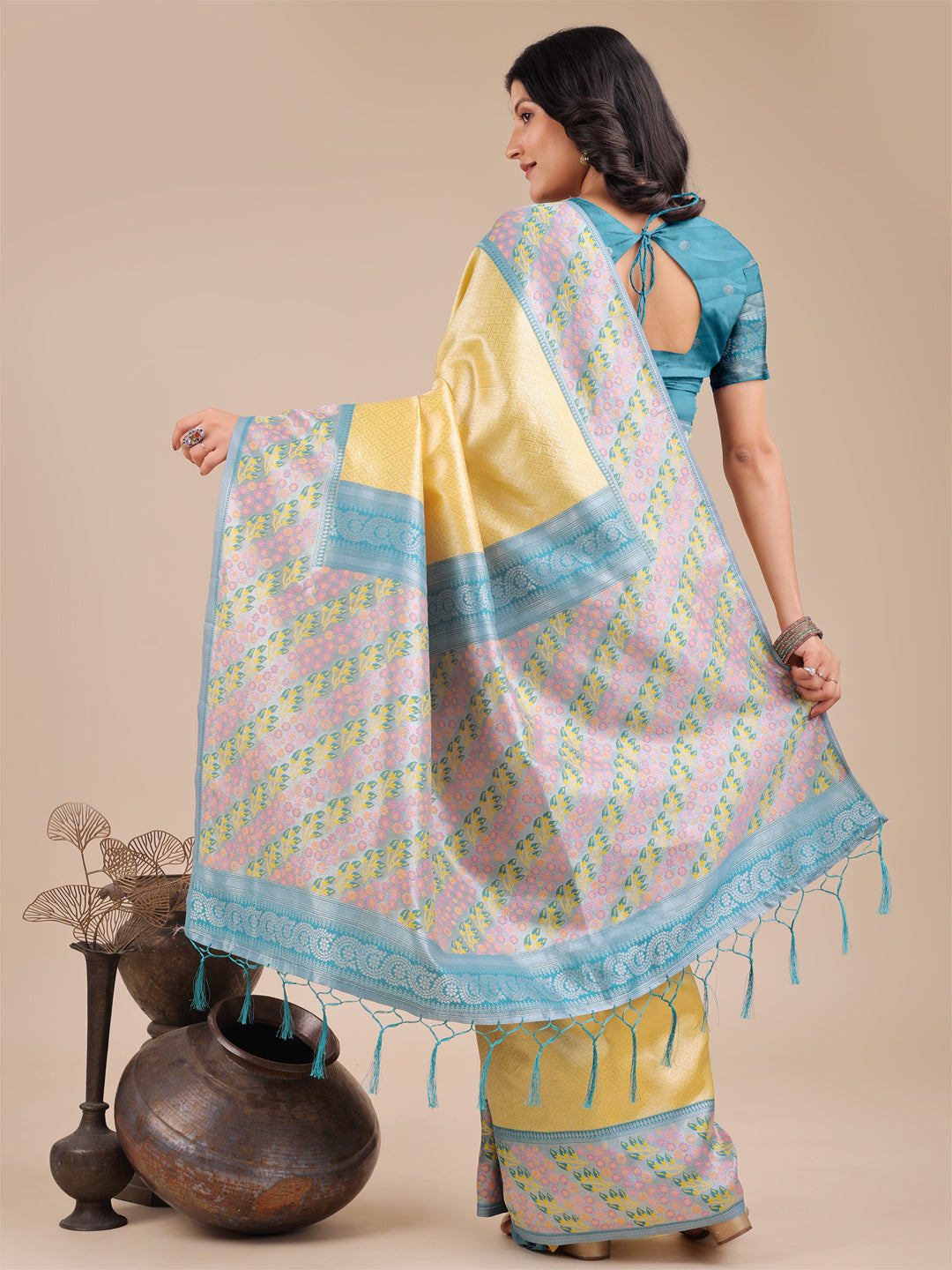 Shree Shyam Fashion Radiant Yellow Silk Saree with Pink & Blue Floral Pattern - Perfect for Weddings & Festive Glamour | Grocsy
