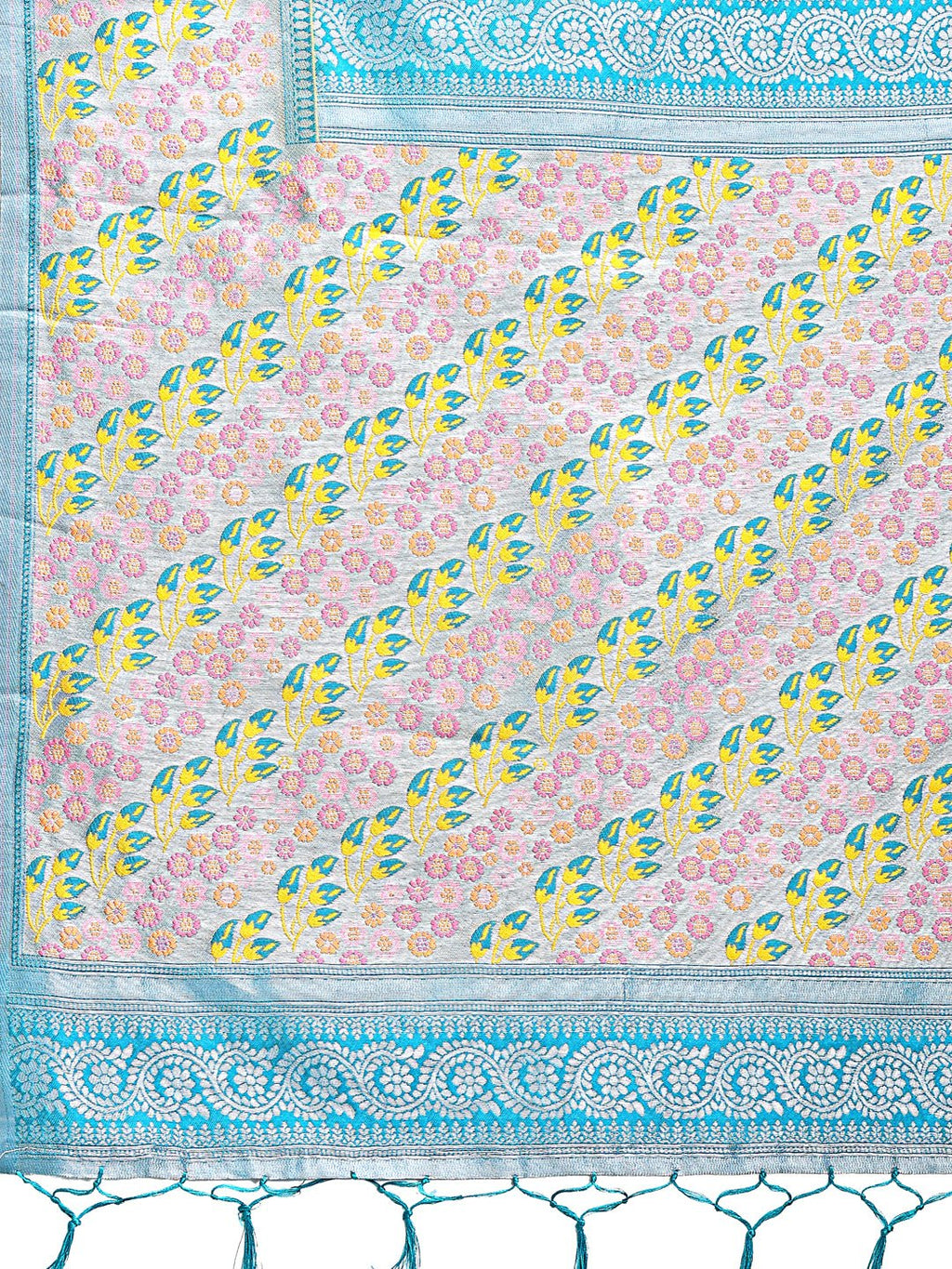 Shree Shyam Fashion Radiant Yellow Silk Saree with Pink & Blue Floral Pattern - Perfect for Weddings & Festive Glamour | Grocsy