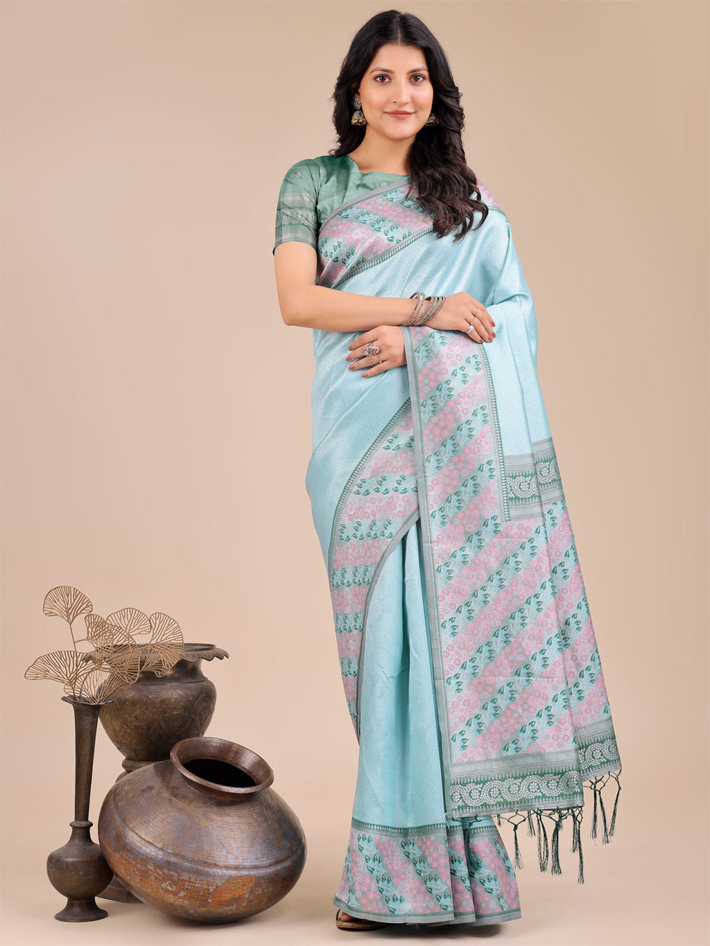 Shree Shyam Fashion Radiant Teal Silk Saree with Pink & Blue Floral Pattern - Perfect for Weddings & Festive Glamour | Grocsy