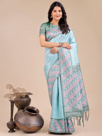 Shree Shyam Fashion Radiant Teal Silk Saree with Pink & Blue Floral Pattern - Perfect for Weddings & Festive Glamour | Grocsy