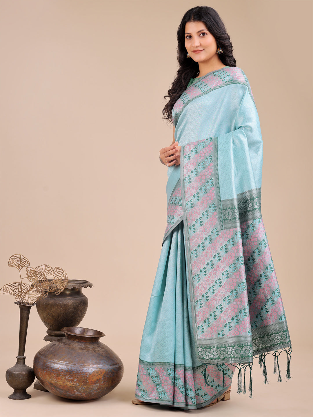 Shree Shyam Fashion Radiant Teal Silk Saree with Pink & Blue Floral Pattern - Perfect for Weddings & Festive Glamour | Grocsy