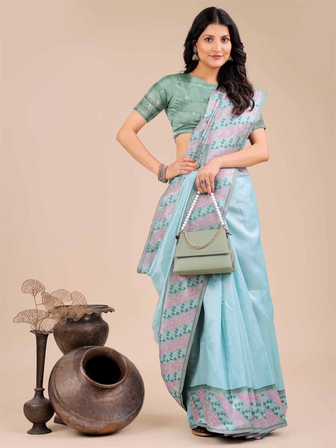 Shree Shyam Fashion Radiant Teal Silk Saree with Pink & Blue Floral Pattern - Perfect for Weddings & Festive Glamour | Grocsy
