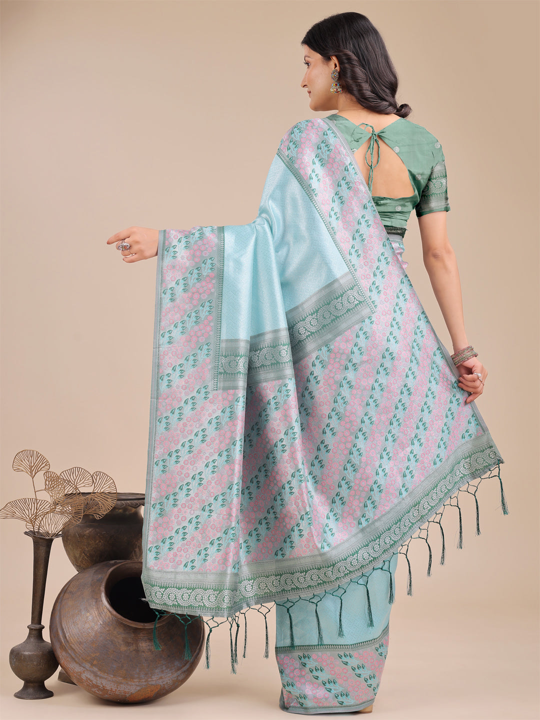 Shree Shyam Fashion Radiant Teal Silk Saree with Pink & Blue Floral Pattern - Perfect for Weddings & Festive Glamour | Grocsy