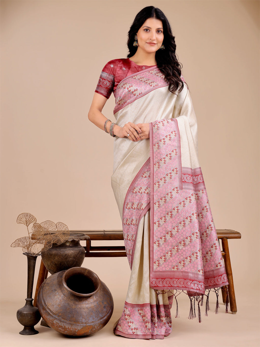 Shree Shyam Fashion Radiant Cream Silk Saree with Pink & Blue Floral Pattern - Perfect for Weddings & Festive Glamour | Grocsy