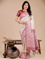 Shree Shyam Fashion Radiant Cream Silk Saree with Pink & Blue Floral Pattern - Perfect for Weddings & Festive Glamour | Grocsy