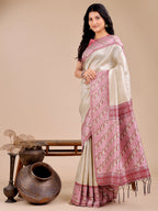 Shree Shyam Fashion Radiant Cream Silk Saree with Pink & Blue Floral Pattern - Perfect for Weddings & Festive Glamour | Grocsy