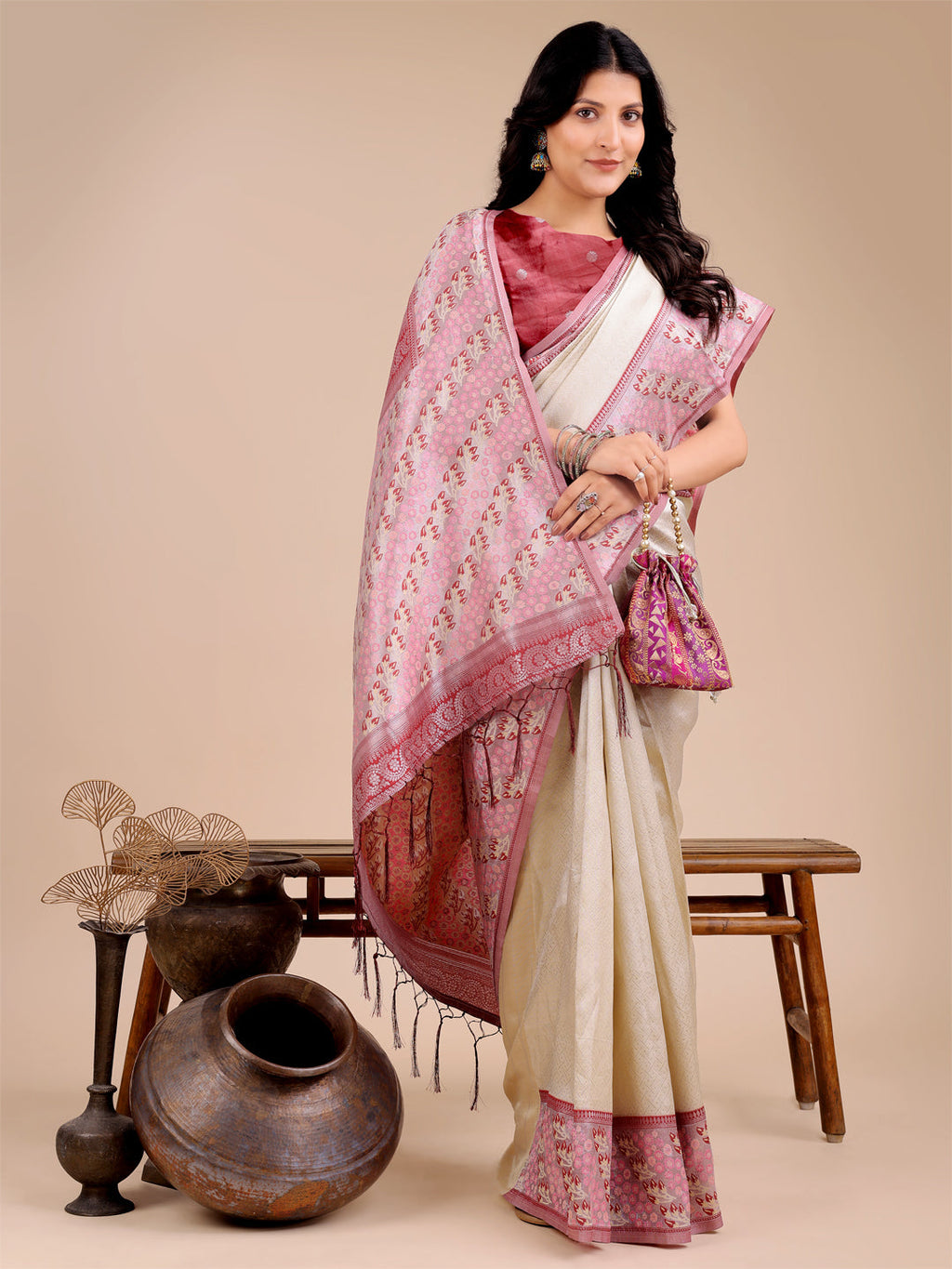 Shree Shyam Fashion Radiant Cream Silk Saree with Pink & Blue Floral Pattern - Perfect for Weddings & Festive Glamour | Grocsy