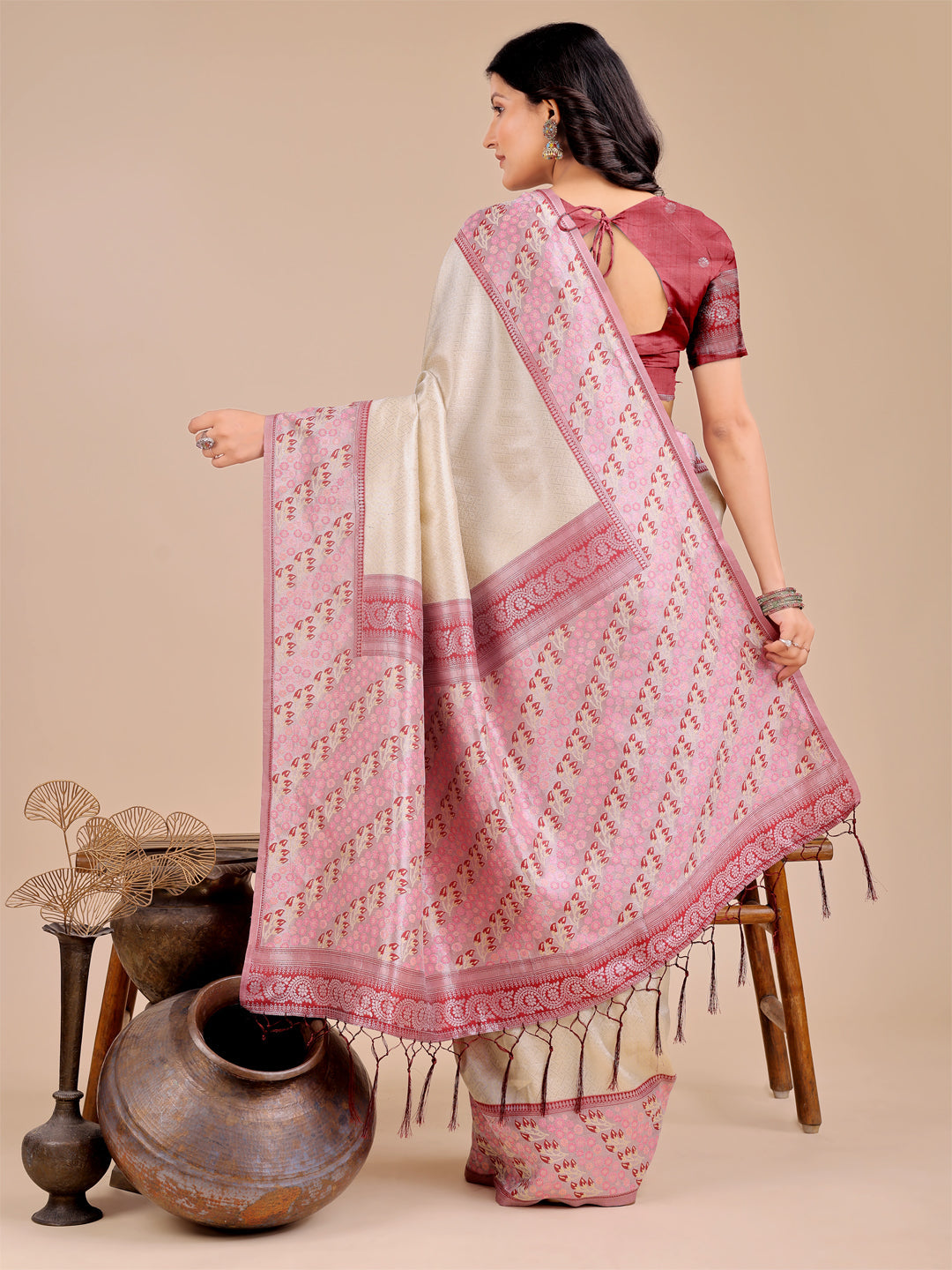 Shree Shyam Fashion Radiant Cream Silk Saree with Pink & Blue Floral Pattern - Perfect for Weddings & Festive Glamour | Grocsy