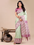 Shree Shyam Fashion Radiant Light Green Silk Saree with Pink & Blue Floral Pattern - Perfect for Weddings & Festive Glamour | Grocsy