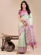 Shree Shyam Fashion Radiant Light Green Silk Saree with Pink & Blue Floral Pattern - Perfect for Weddings & Festive Glamour | Grocsy